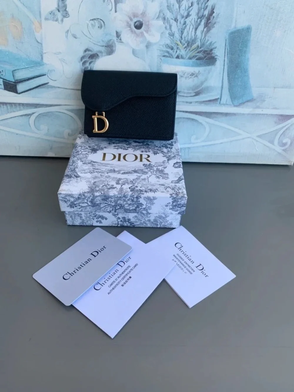 Dior Black Leather Compact Flap Wallet with Gold 'D' Charm